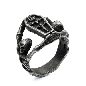 Bague en Acier Inoxydable Cercueil et Crâne Gothique pour Homme Femme Bague Biker Punk Vintage avec Croix Bijoux Hip Hop Cadeau