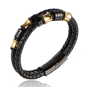 Bracelet en Cuir Tressé Rétro pour Homme Avec Perles en Acier Inoxydable Or Noir Fermoir Magnétique Bijoux de Mode Décontracté
