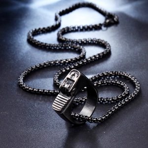 Industrial style black titanium steel gun-slide ring with ball chain necklace set