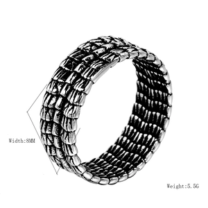Retro stainless steel dragon scale ring for men, 8mm width with vintage silver finish