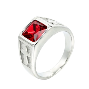 Gothic stainless steel signet ring featuring a red rectangular gemstone and cross relief