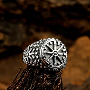 Vintage Viking compass ax totem men ring in distressed silver titanium steel finish