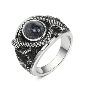 Bague Serpent en Acier Inoxydable Vintage pour Hommes Femmes Gothique Punk Animal Strass Pierre de Soleil Bleue Bijoux