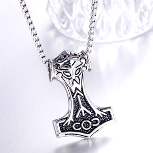 Vintage silver stainless steel Viking Thor's hammer pendant necklace with square chain