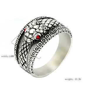 Vintage stainless steel snake ring with red eye stones and scale texture 14mm width