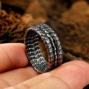 Vintage stainless steel dragon scale ring for men featuring textured antique silver finish