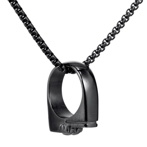 Close-up of black stainless steel gun-shaped lighter pendant with a matching box chain