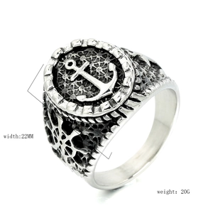 Vintage silver anchor ring with rope texture and mesh hollow details, 22mm width