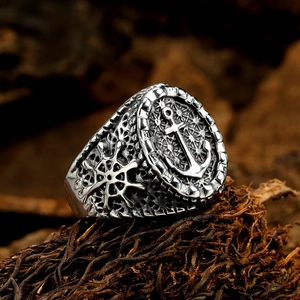 Vintage Stainless Steel Anchor Ring For Men Nautical Ship Wheel Carved Punk Rock Hip Hop Biker Statement Jewelry Band