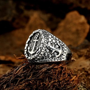 Men's vintage anchor cross ring in silver steel with nautical embossed details