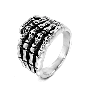 Gothic Stainless Steel Skull Hand Ring Punk Rock Skeleton Finger Jewelry For Men Women Vintage Oxidized Biker Ring