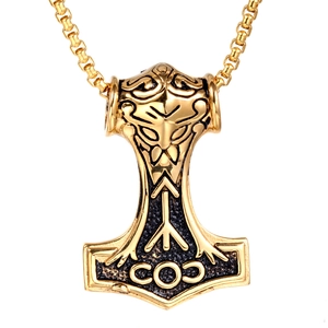 Vintage Norse Mythology Thor's Hammer Stainless Steel Pendant Necklace For Men Viking Mjolnir Rune Relief Punk Style Jewelry Gift