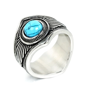 Bague vintage en acier inoxydable avec pierre turquoise et motif de plumes gravées