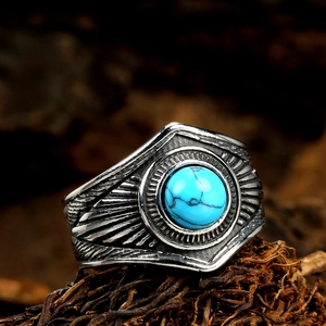 Bague en Acier Inoxydable Rétro Plume Turquoise pour Hommes Femmes Bohème Tribal Vieilli Ton Argent Anneau Bijoux
