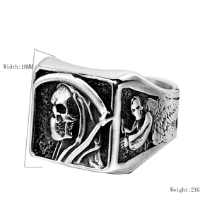 Retro stainless steel Grim Reaper skull ring with reaper relief and antique silver finish