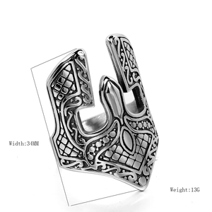 Men's Spartan helmet ring in vintage stainless steel with textured geometric patterns