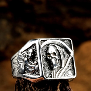 Vintage Grim Reaper stainless steel skull ring with scythe relief in gothic style