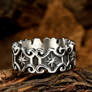 Men's vintage titanium steel cross ring with embossed star and floral patterns