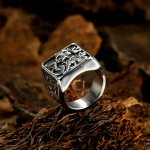 Vintage stainless steel reaper ring with skull and octopus tentacles relief for men
