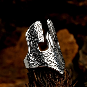 Vintage Spartan helmet stainless steel ring with detailed Viking engravings for men