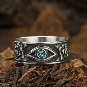 Vintage oxidized silver cross ring with evil eye blue gemstone and rose carvings