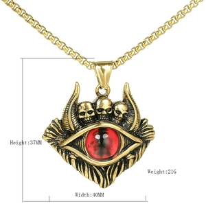 Pendentif œil de démon et crâne gothique en acier doré avec dimensions détaillées