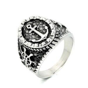 Vintage anchor cross ring for men with nautical textures and antique silver finish