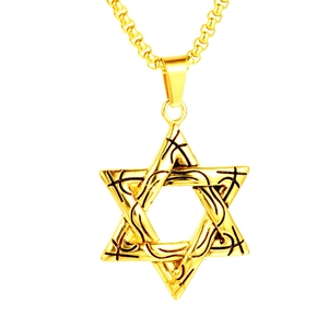 Collier avec pendentif hexagramme étoile de David en acier titane doré et chaîne