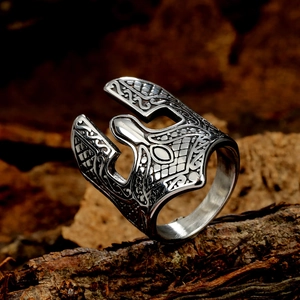 Spartan helmet warrior mask ring in stainless steel with braided vintage texture
