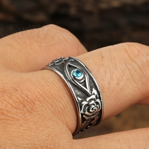Vintage silver cross ring with blue gemstone and rose relief carvings for men