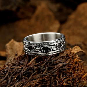 Vintage relief cross anchor ring for men with floral carvings and twisted rope edges