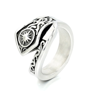 Vintage stainless steel ring with sunburst and Nordic weave patterns in silver