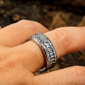 Nordic vintage runic pattern wide band ring in punk style made of titanium steel