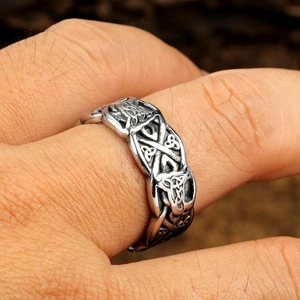 Vintage Celtic wolf knot stainless steel ring with Nordic Viking engravings for men