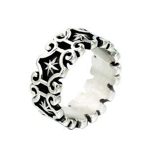 Vintage Gothic Stainless Steel Cross Ring For Men Retro Wide Band Star Scrollwork Pattern Punk Rock Biker Jewelry Gift