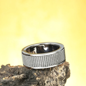 Silver woven mesh spinner ring for couples with industrial textured metal design
