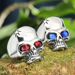 Gothic titanium steel skull rings set with red and blue rhinestones on mossy stones