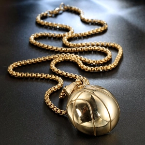 Hip hop style gold basketball pendant necklace with polished box chain for men and women