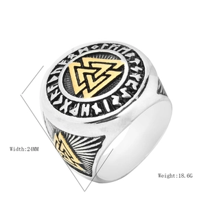 Silver Valknut Viking ring for men with gold triangle symbol and Nordic runes engraving