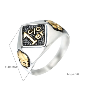 Punk style men's 1%er stainless steel ring with gold skull details and black inlay