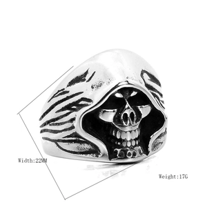 Men's retro gothic skull ring in oxidized silver finish with hooded reaper design