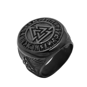 Matte black stainless steel Viking Valknut ring with engraved runes for men, 45-degree view