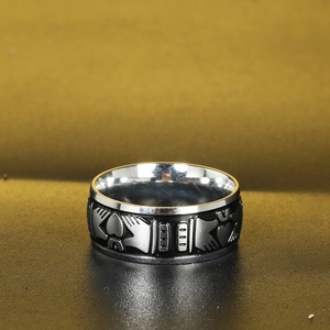 Detail of Claddagh ring featuring hands holding a heart with polished inner band