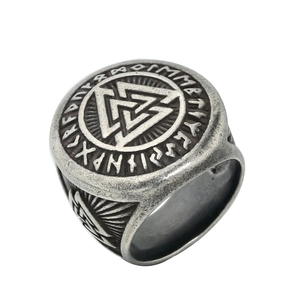 Vintage Nordic Valknut ring with Elder Futhark runes in antique stainless steel style