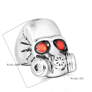 Retro punk skull gas mask ring with red gemstone eyes in polished silver finish