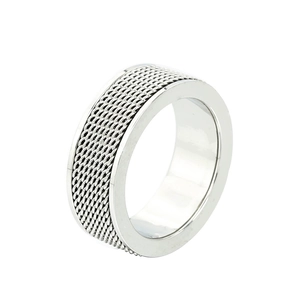 Fashionable rotatable woven mesh ring in silver metal with industrial unisex style finish