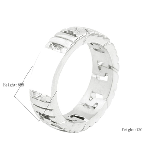 Mens vintage silver stainless steel chain ring with industrial gear texture, 45-degree angle