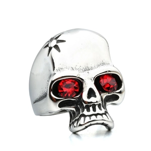 Punk vintage titanium steel skull ring for men with red crystal eyes and star engraving