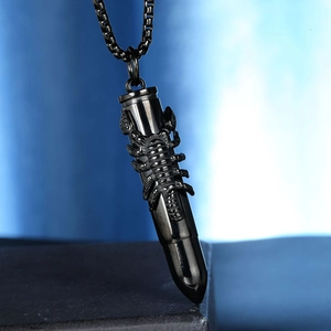 Gunmetal black stainless steel bullet pendant necklace with detailed scorpion engraving