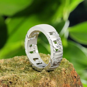 Vintage silver stainless steel ring with Greek Key pattern on natural mossy rock